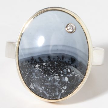 Jamie Joseph: Sterling & 14K Gold Ring w/ Vertical Oval MALIGANO JASPER & .03 ct Diamond on X Band