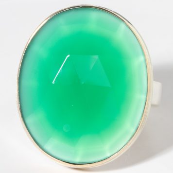 Jamie Joseph: Sterling & 14K Gold Ring w/ Oval Vertical Rose Cut GREEN ONYX on X Band