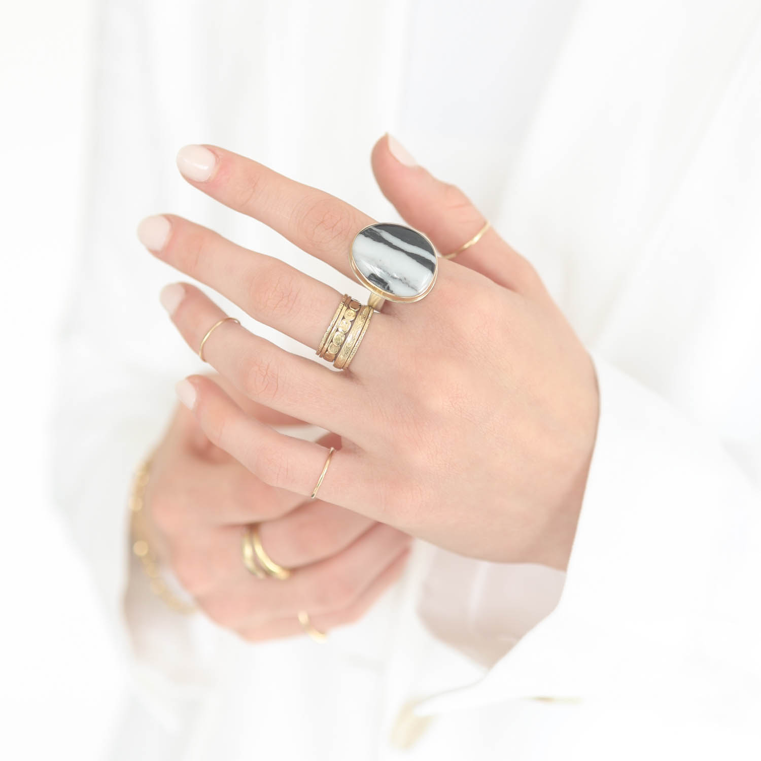 Jamie Joseph: Sterling & 14K Gold Ring w/Asymmetrical Vertical WHITE BUFFALO TURQUOISE on Comfort Y Band