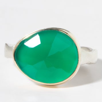 Jamie Joseph: Sterling & 14K Gold Ring w/ Small Asymmetrical Rose Cut GREEN ONYX on Eroded Live Edge Band