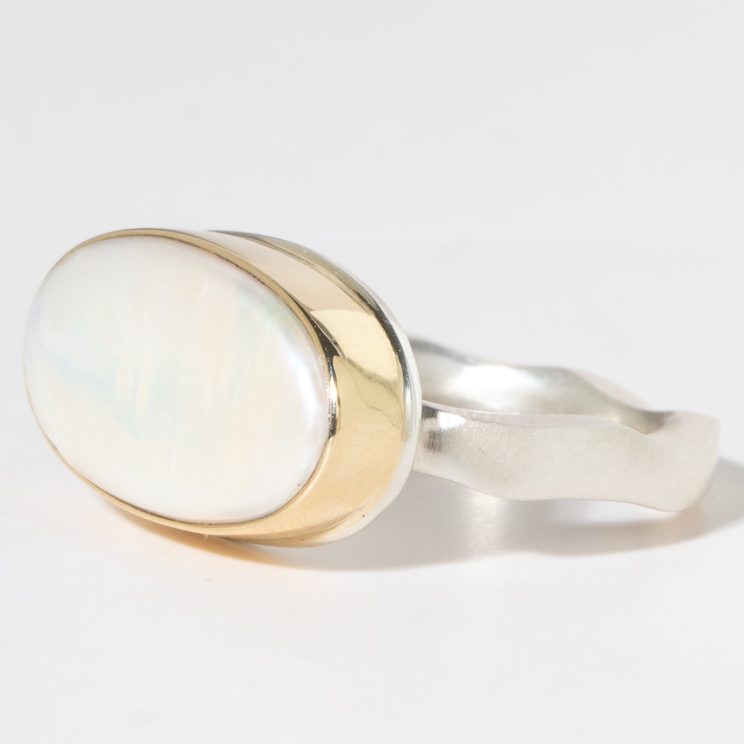 Jamie Joseph: Sterling & 14K Gold Ring w/ Oval CULTURED WHITE PEARL on Medium Live Edge Band
