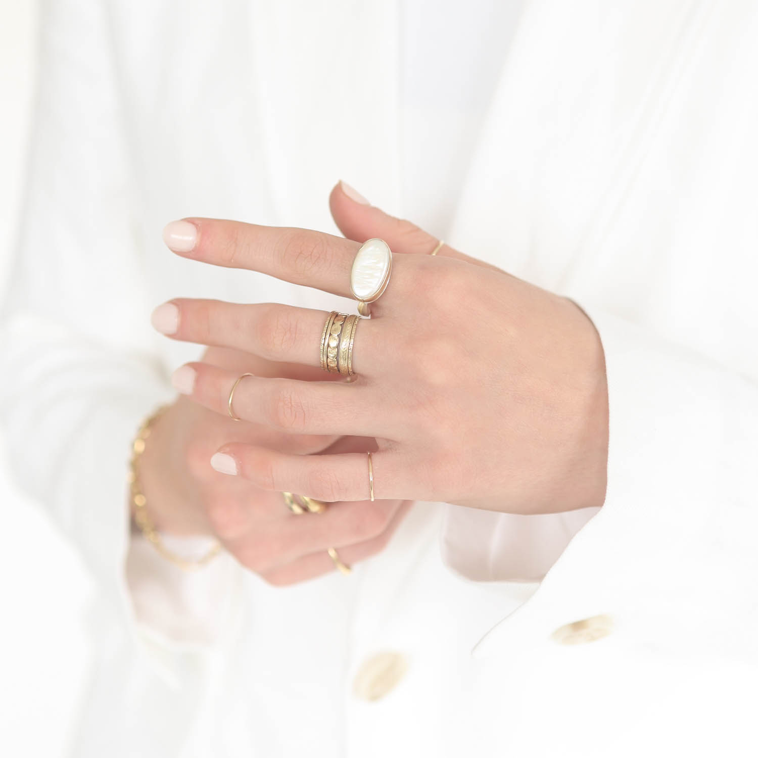 Jamie Joseph: Sterling & 14K Gold Ring w/ Oval CULTURED WHITE PEARL on Medium Live Edge Band