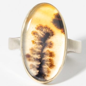 Jamie Joseph: Sterling & 14K Gold Ring w/ Vertical Oval DENDRITIC AGATE on Soft Live Edge Band
