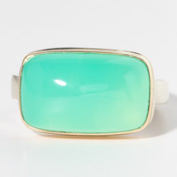 Jamie Joseph: Sterling & 14K Gold Ring w/ Rectangular Smooth CHRYSOPRASE on Soft Live Edge Band