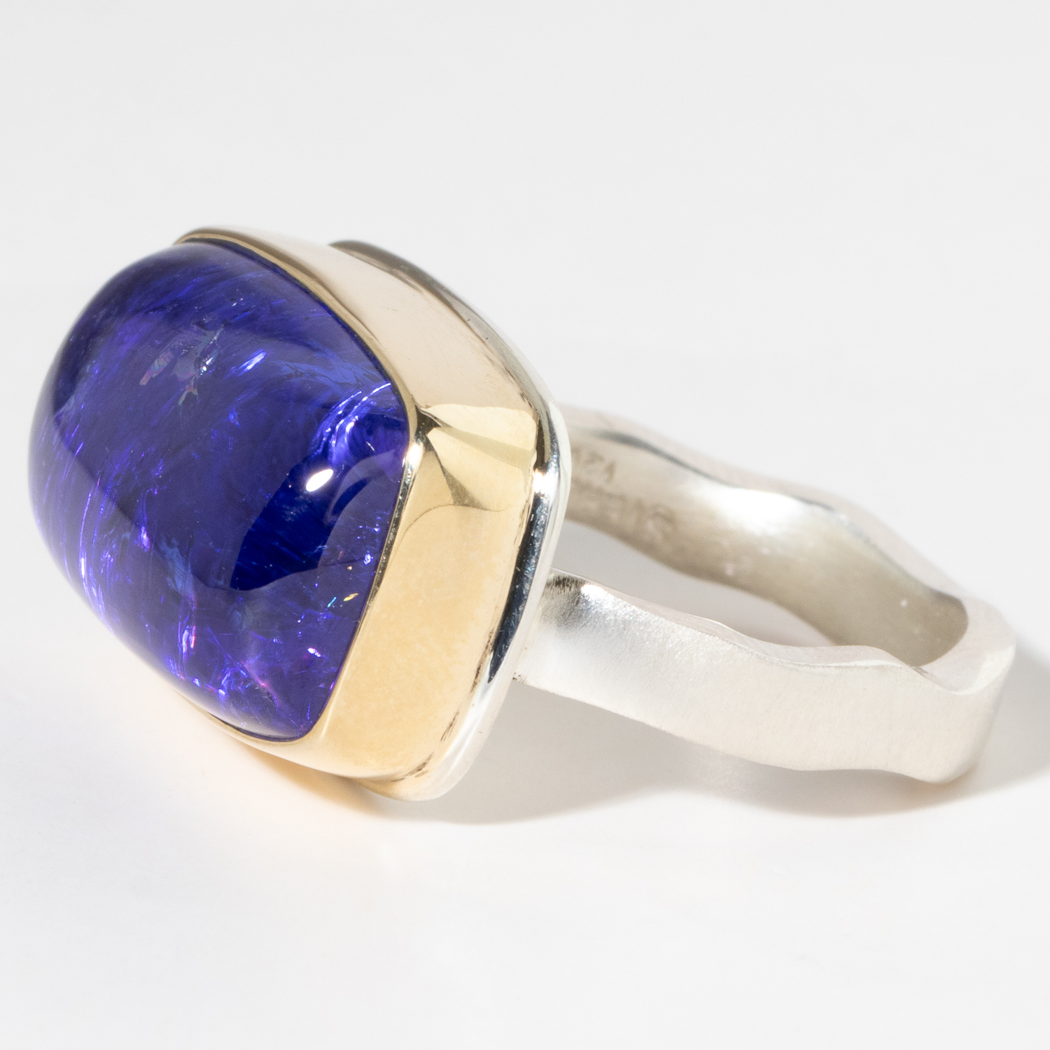 Jamie Joseph: Sterling & 14K Gold Ring w/ Rectangular Smooth TANZANITE on Soft Live Edge