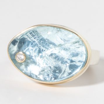 Jamie Joseph: Sterling & 14K Gold Ring w/Asymmetrical Surface Aquamarine and .03 Pt Diamond on Tapered X Band