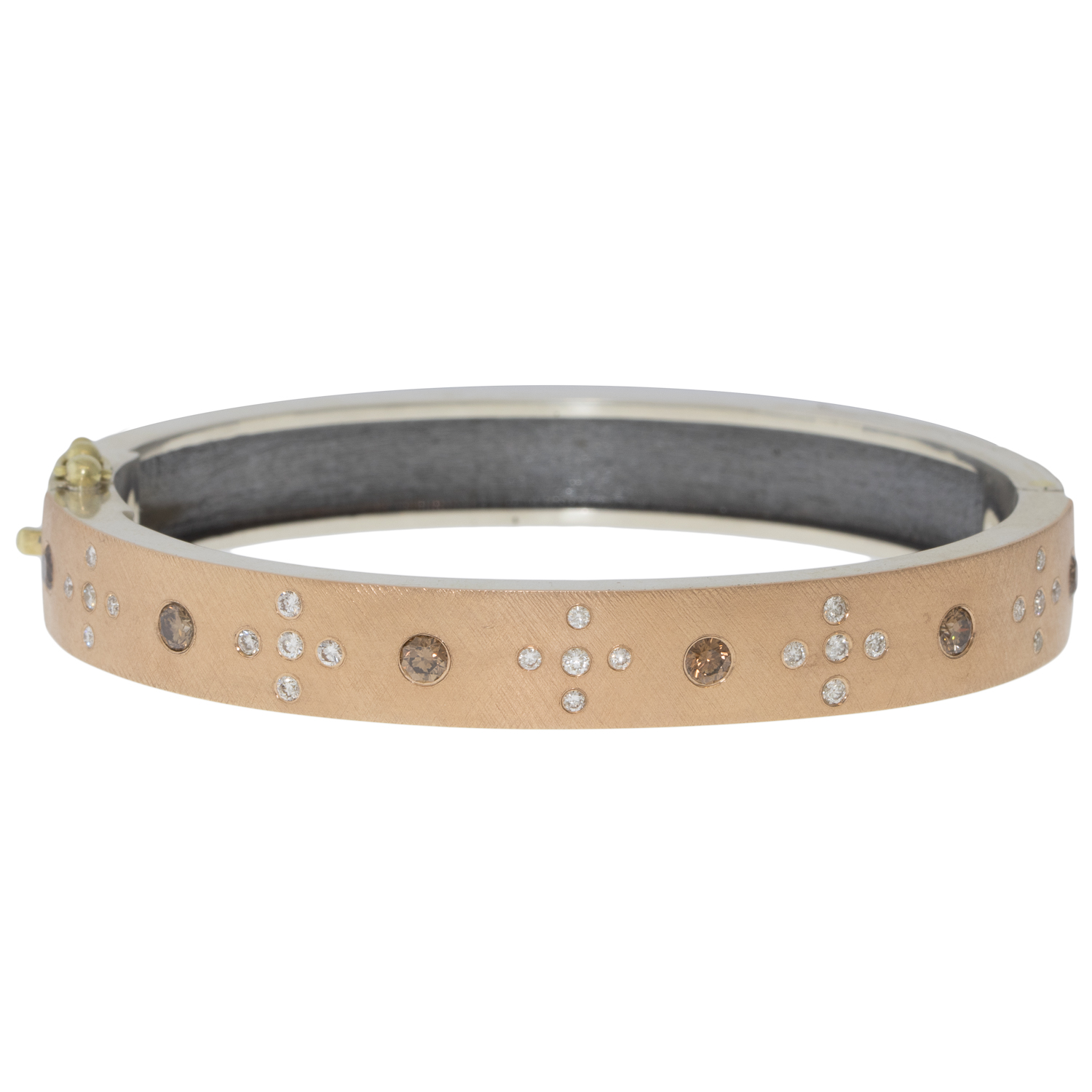 Rene Escobar Trunk Show: 36 8MM BANGLE WITH ROSE GOLD FRONT AND SILVER BACK SET WITH 0.95CT IN CHAMPAGNE AND WHITE DIAMONDS.