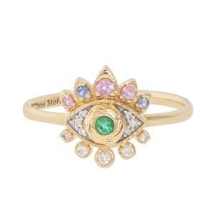 Three Stories Jewelry: Bejeweled Small Evil Eye Ring, 14k YG, 0.06tcw GSI Dia, Ruby, Emerald, Sapphire