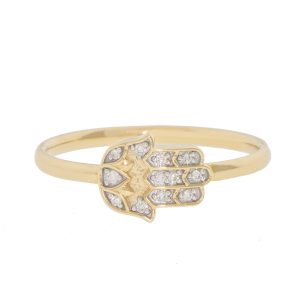 Three Stories Jewelry: Tiny Sideways Hamsa Ring, Size 6.5, 14k YG, 0.05tcw GSI Dia, Emerald,& Sapphire