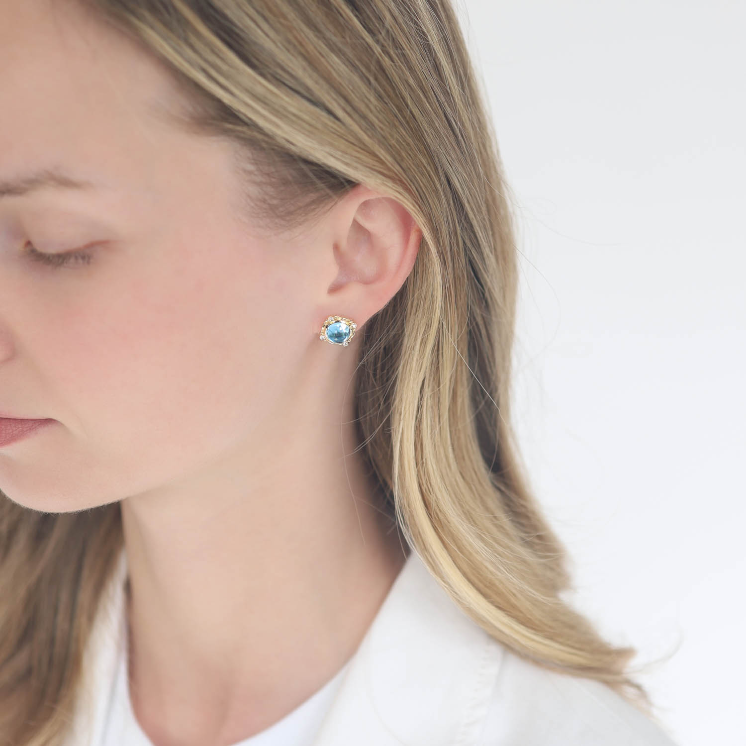 SYNA: Axia Blue Topaz (6ct) Earrings w/ Diamond (0.09ct), 18k YG