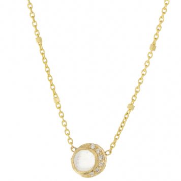 Misa Jewelry: Baby moon Necklace , 14k yellow gold, rainbow moonstone, white diamonds .03ct  16"